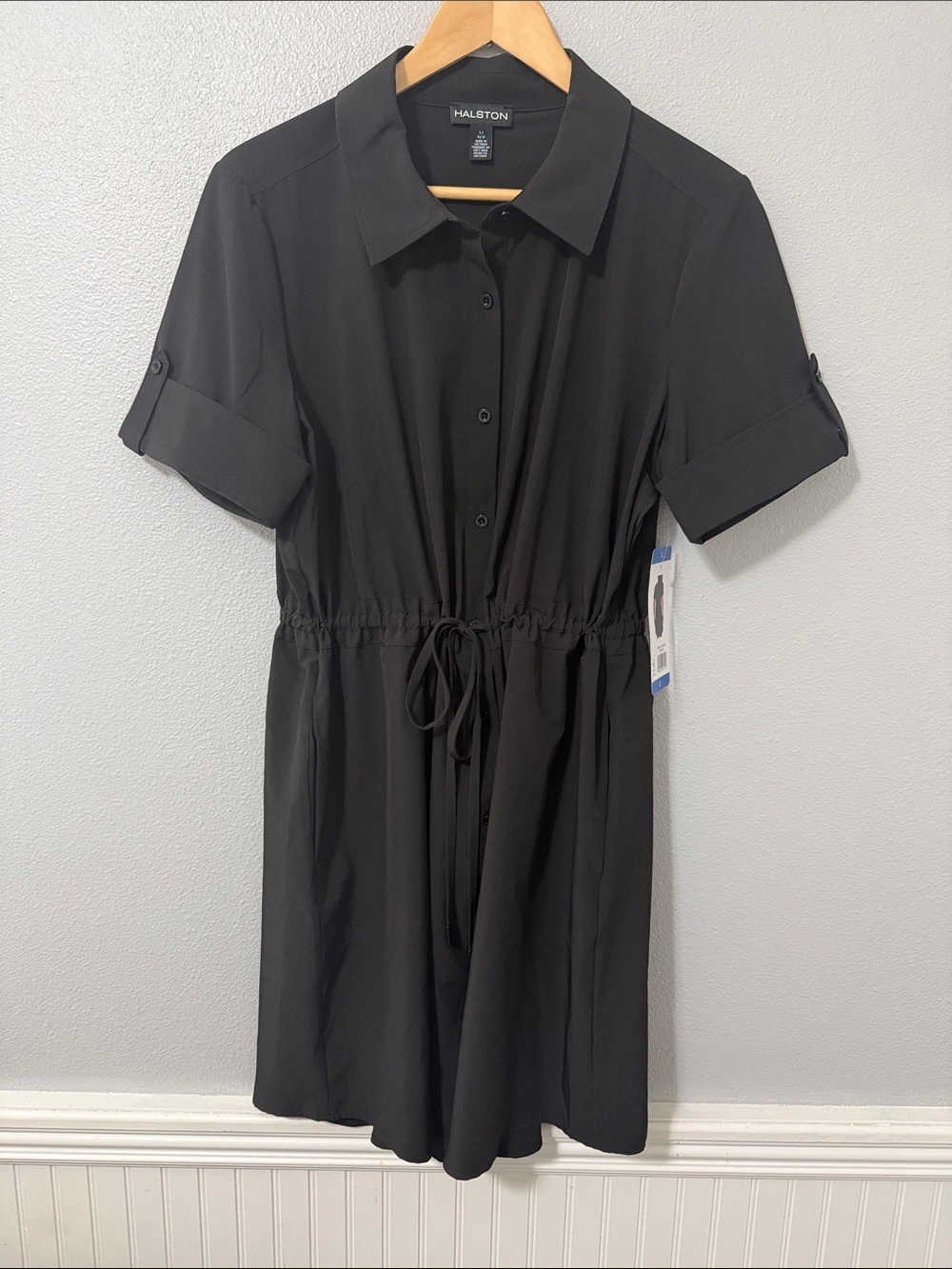 Halston Black Button-Front Drawstring Shirt Dress with Roll-Tab Sleeves Size L